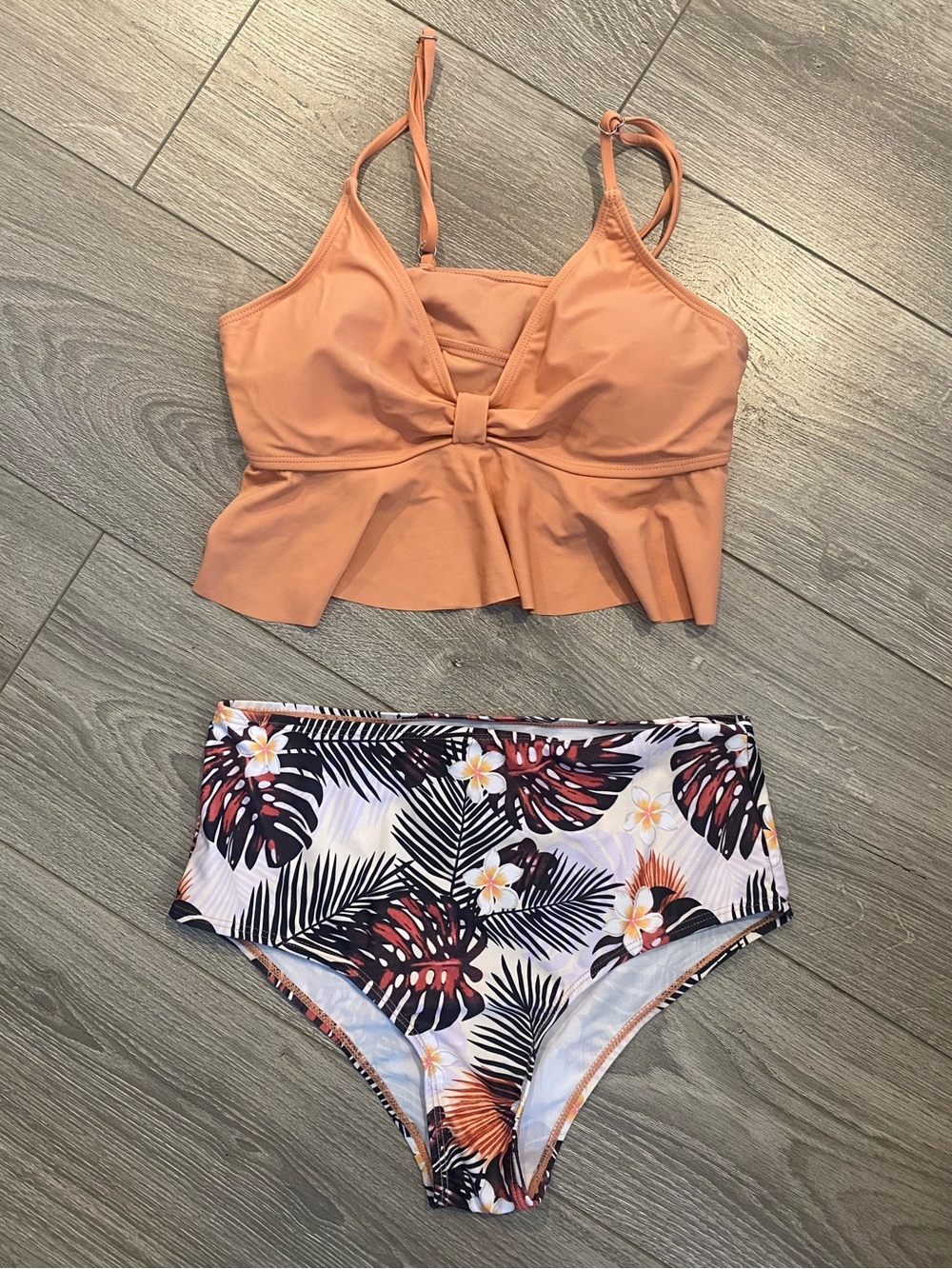 Peach-Pink Ruffle Bikini Top with Tropical High-Waist Bottoms